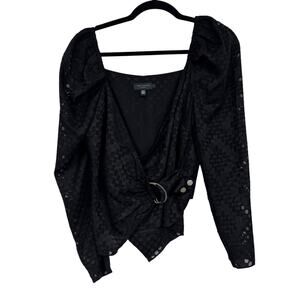 Ted Baker Black Lazare D Ring Wrap Top Blouse Womens XS Puff Shoulder Coquette